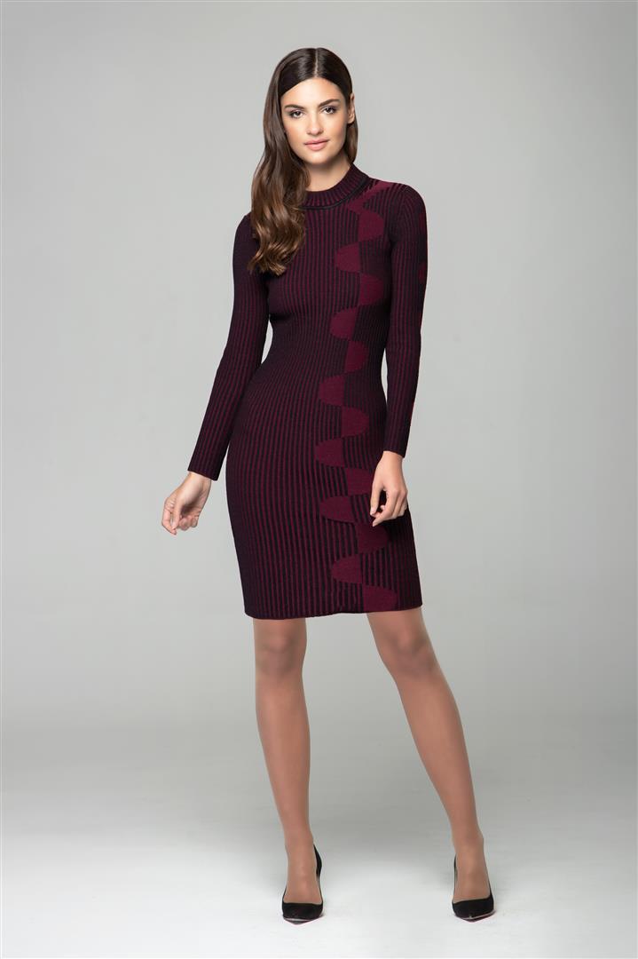 Red two-tone ribbed knit dress with graphic detail