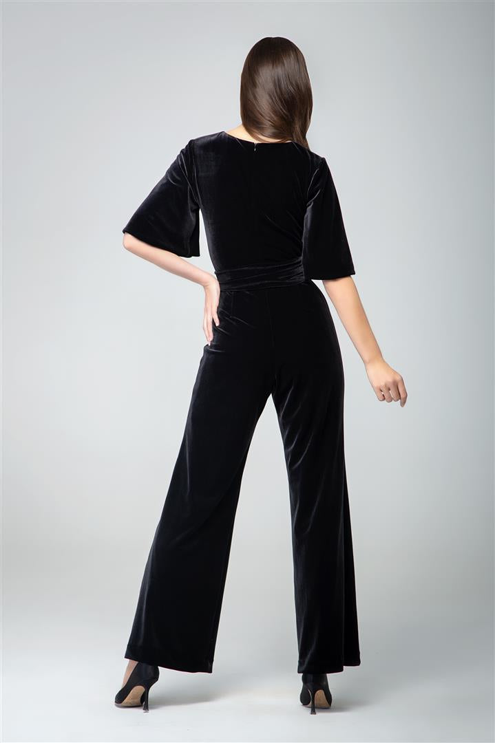 Velvet jumpsuit with bell sleeves and sash in black