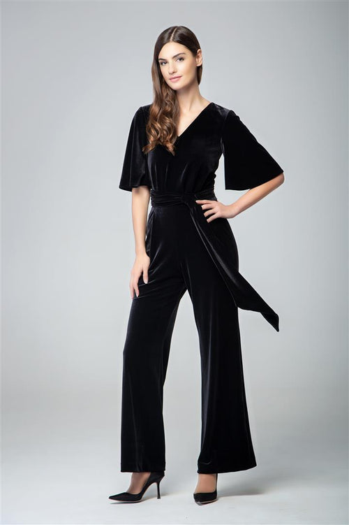 Velvet jumpsuit with bell sleeves and sash in black