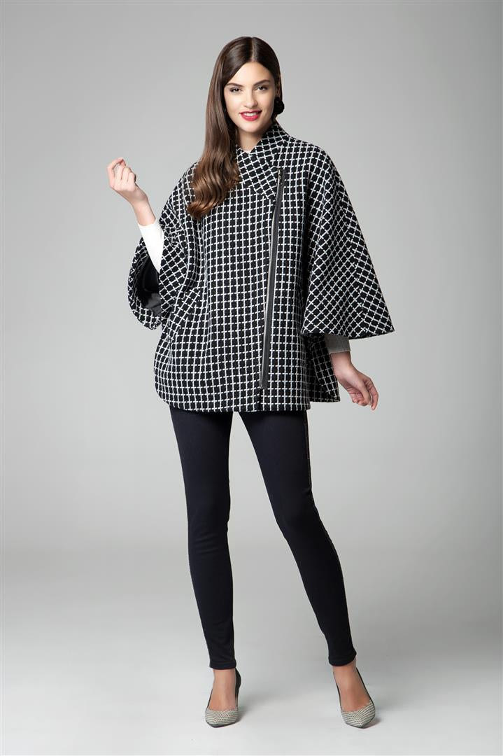 Wool-blend check cape coat with asymmetrical zip