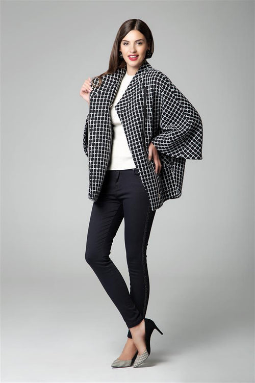 Wool-blend check cape coat with asymmetrical zip