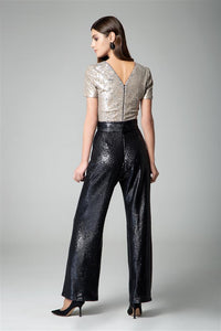 Black and gold sequin jumpsuit with v-shaped back