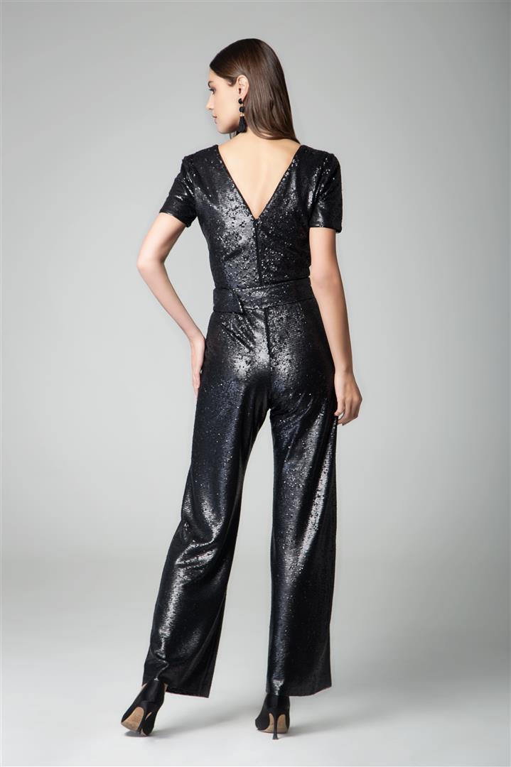 Black sequin jumpsuit with v-shaped back
