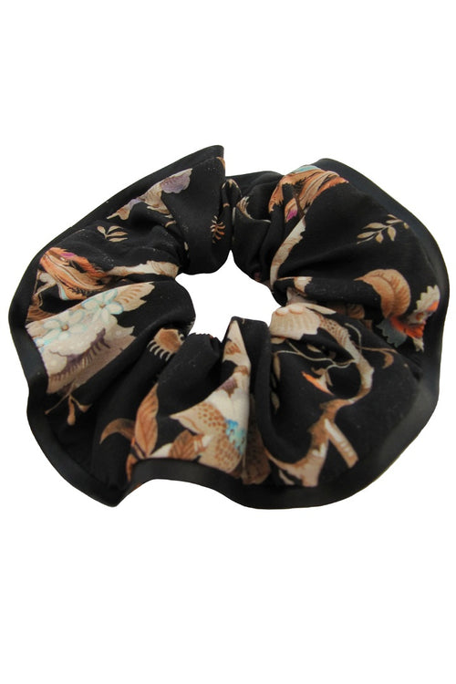 Silk scrunchie with oriental floral print in black