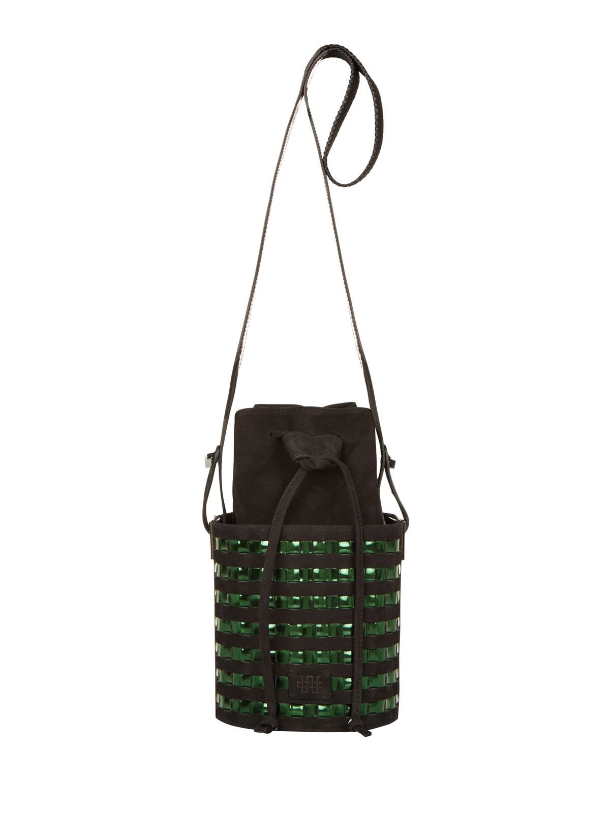 Mini circular bucket bag in black with striped green mirror effect