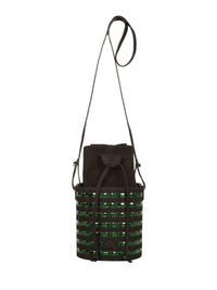 Mini circular bucket bag in black with striped green mirror effect