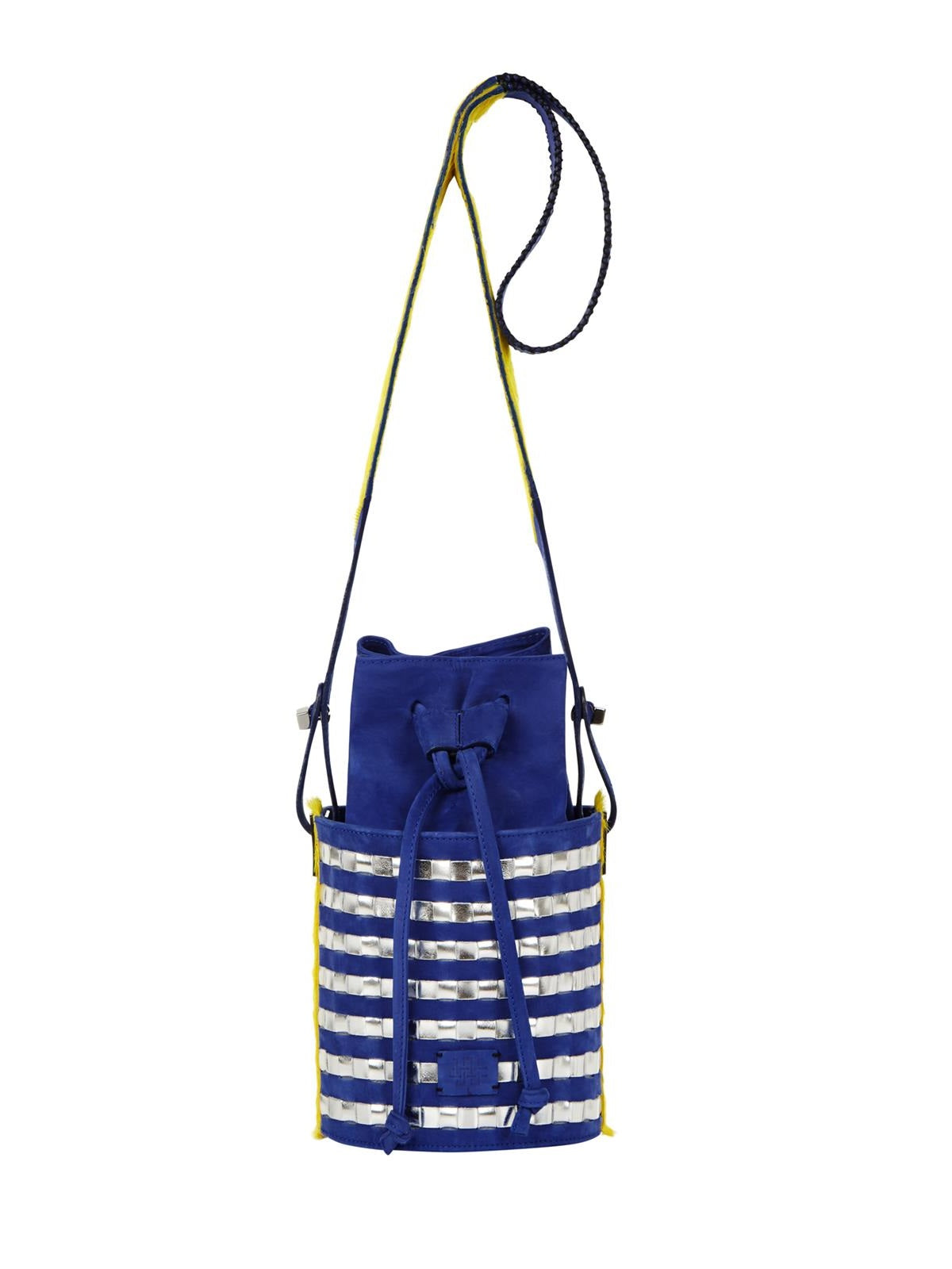 Mini circular bucket bag in royal blue with striped silver mirror effect