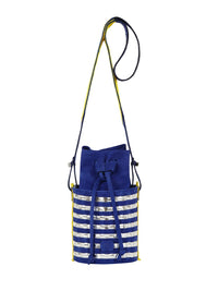 Mini circular bucket bag in royal blue with striped silver mirror effect