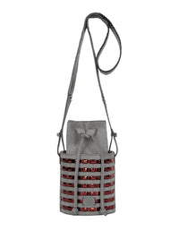 Mini circular bucket bag in grey with striped vino mirror effect