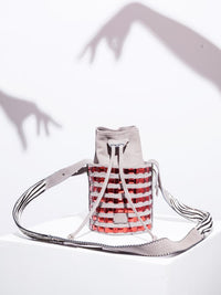 Mini circular bucket bag in grey with striped vino mirror effect
