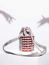 Mini circular bucket bag in grey with striped vino mirror effect