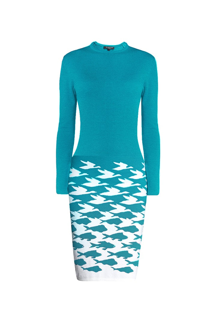 Turquoise illusion houndstooth knitted jacquard dress