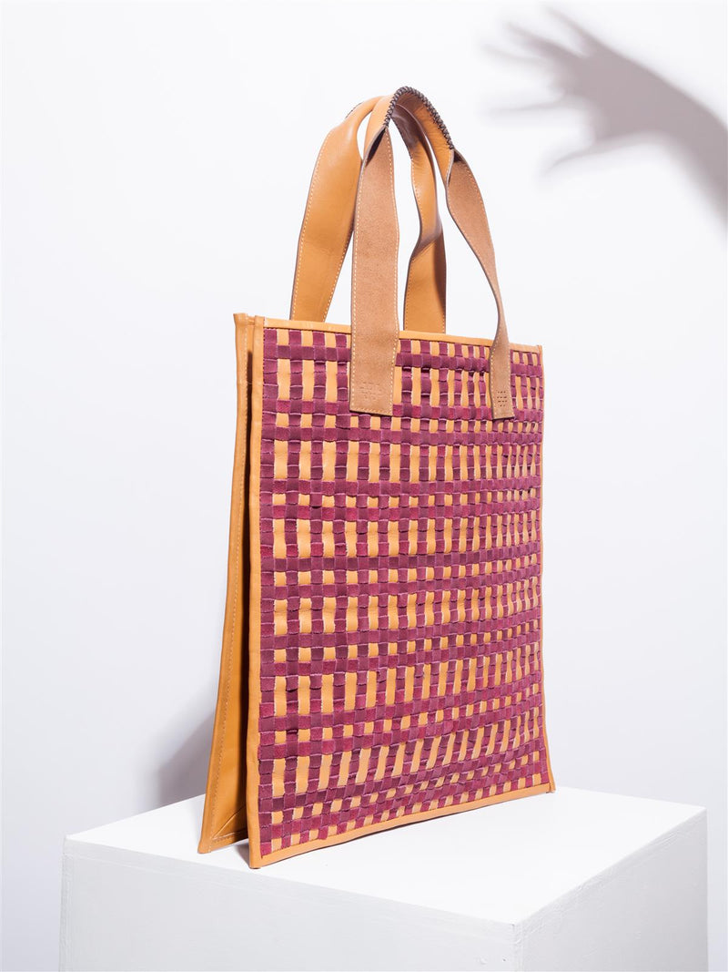 Tan and burgundy tote